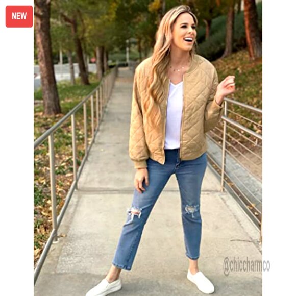 Quilted Lightweight Bomber Jacket Casual Zip Up Spring Fall Outerwear with - Picture 4 of 7